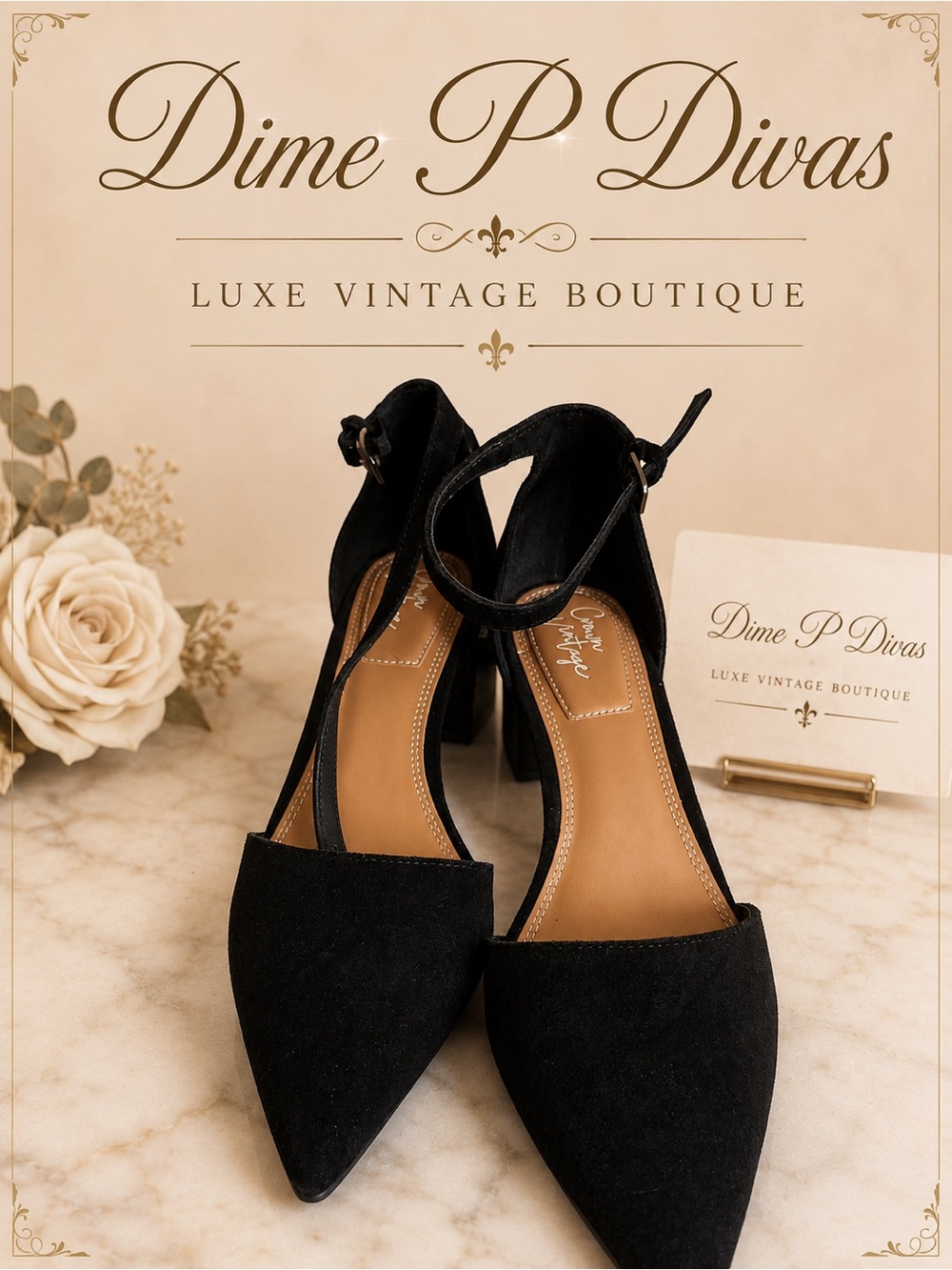 Crown Vintage Black Pointed-Toe Ankle-Strap Heels